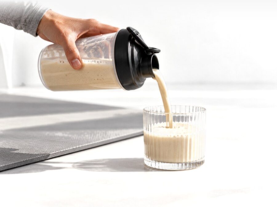 Nalievanie pripraveného nápoja Upgraded Recovery Protein do pohára